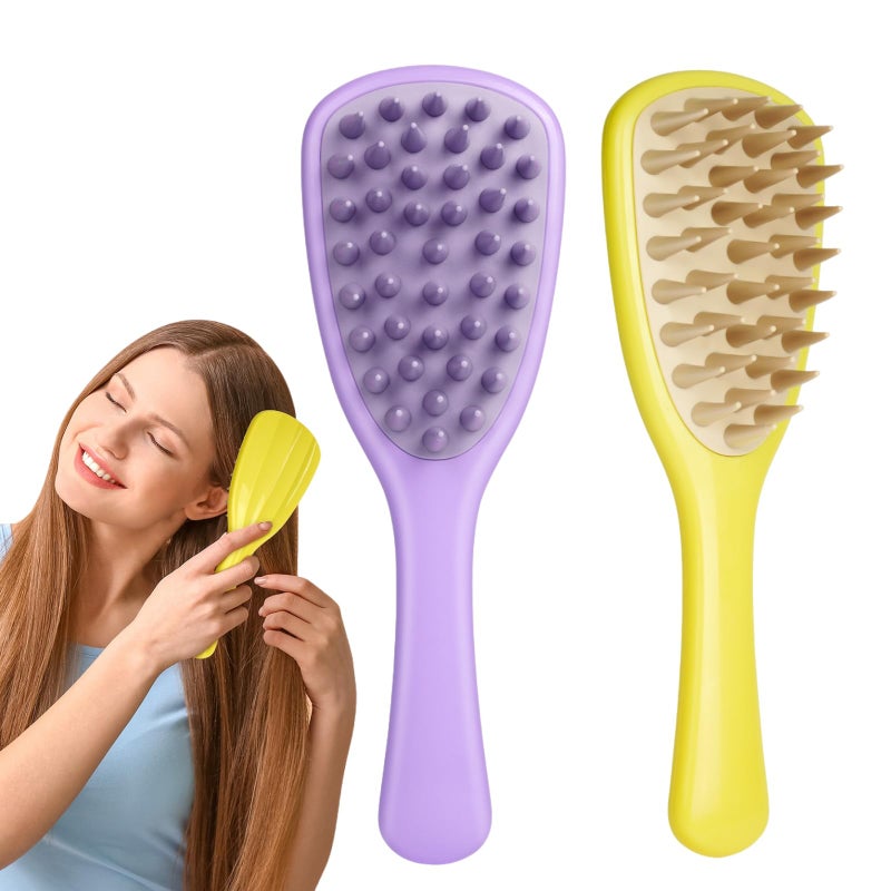 LOPHE Scalp Massager, Long Handle Shampoo Brush, Silicone Hair Scalp Massager for Hair Growth, Scalp Scrubber for Washing Hair Reduce Dandruff, Wet and Dry Hair Head Massager, Purple & Yellow